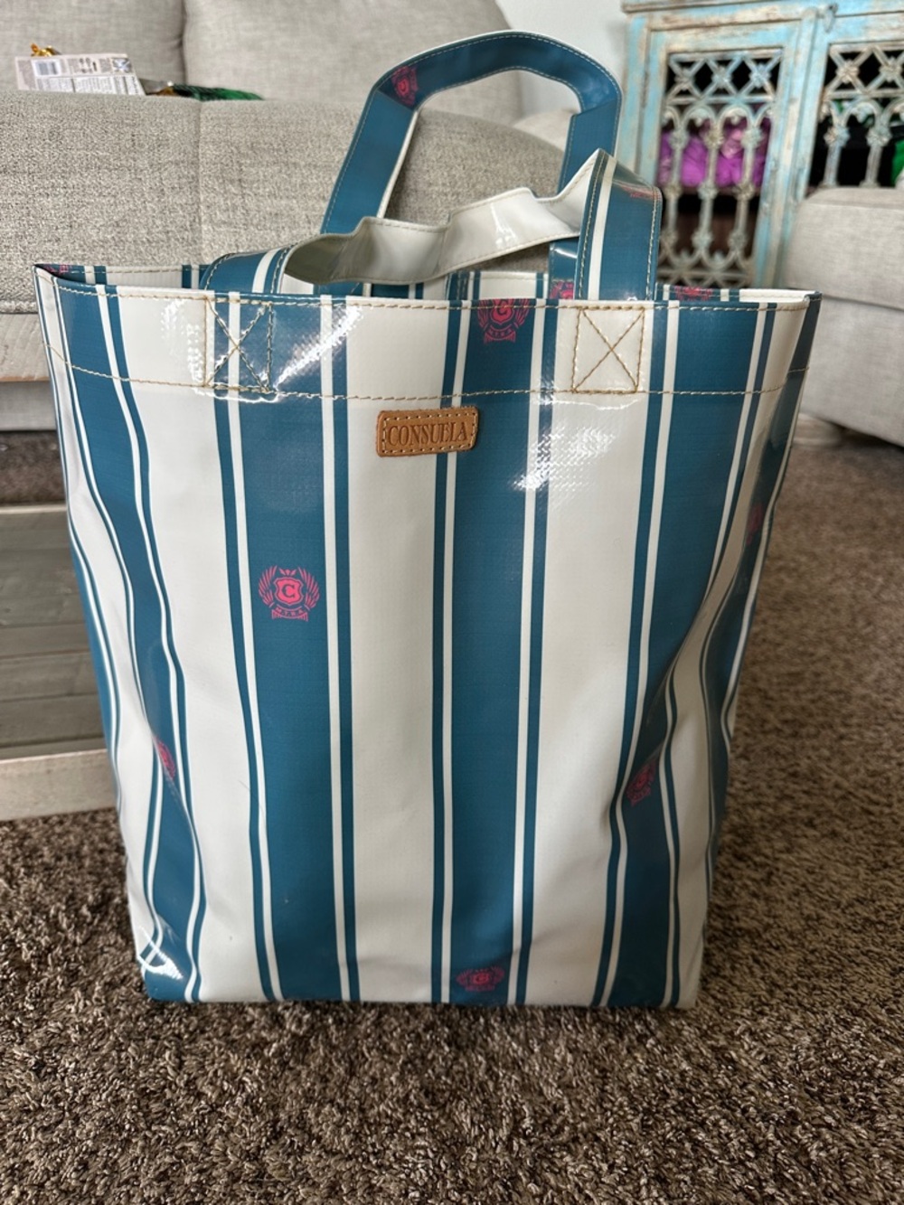 Consuela Teal and White Striped Tote with Pink Crest Accents